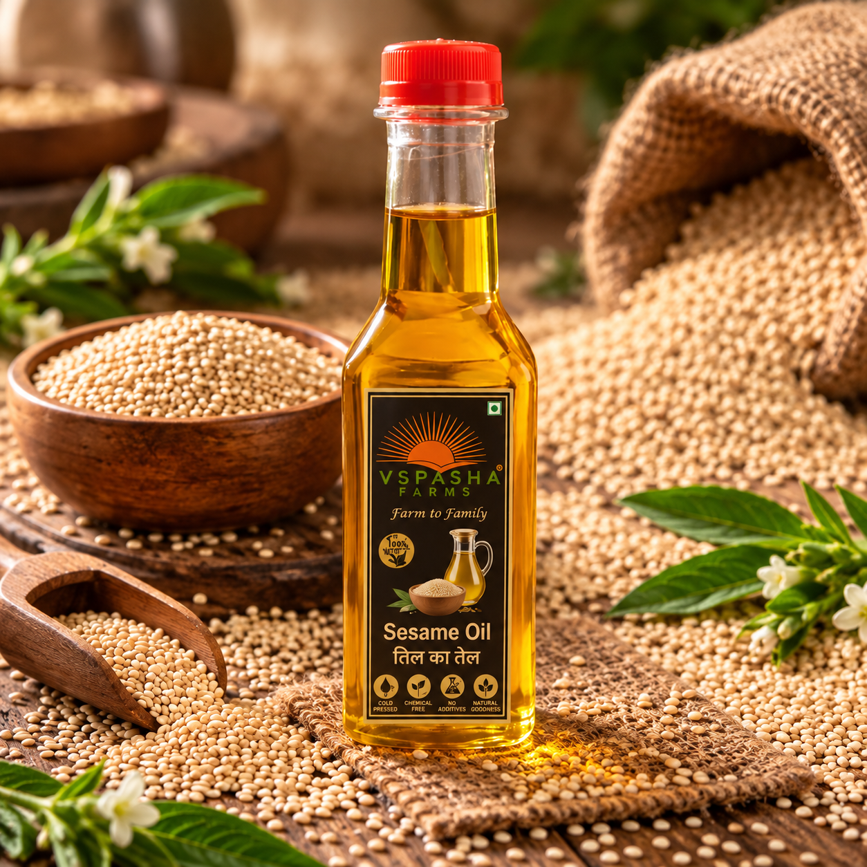Vspasha Farms Pure Sesame Oil (Til Ka Tel) | Cold Pressed Sesame Seed Oil | Natural & Chemical Free | No Additives | Cooking & Daily Use 200 Ml