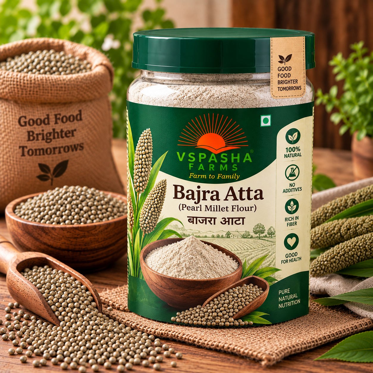 Vspasha Farms Bajra Atta (Pearl Millet Flour) | 100% Natural & Pure | Rich in Fiber | No Additives | Premium Quality | Ideal for Roti, Bhakri & Everyday Cooking 500Gm